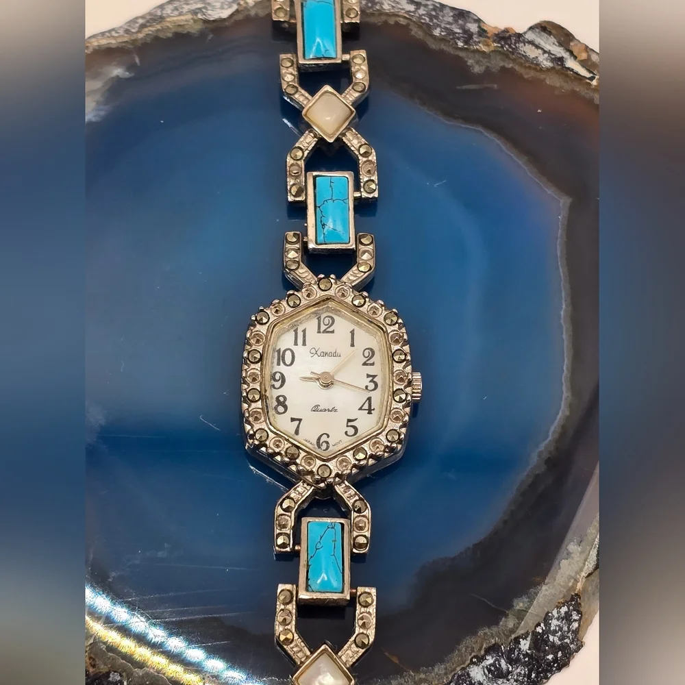 Xanadu Quartz Japan Movement Faux Turquoise & Marcasite Vintage Watch